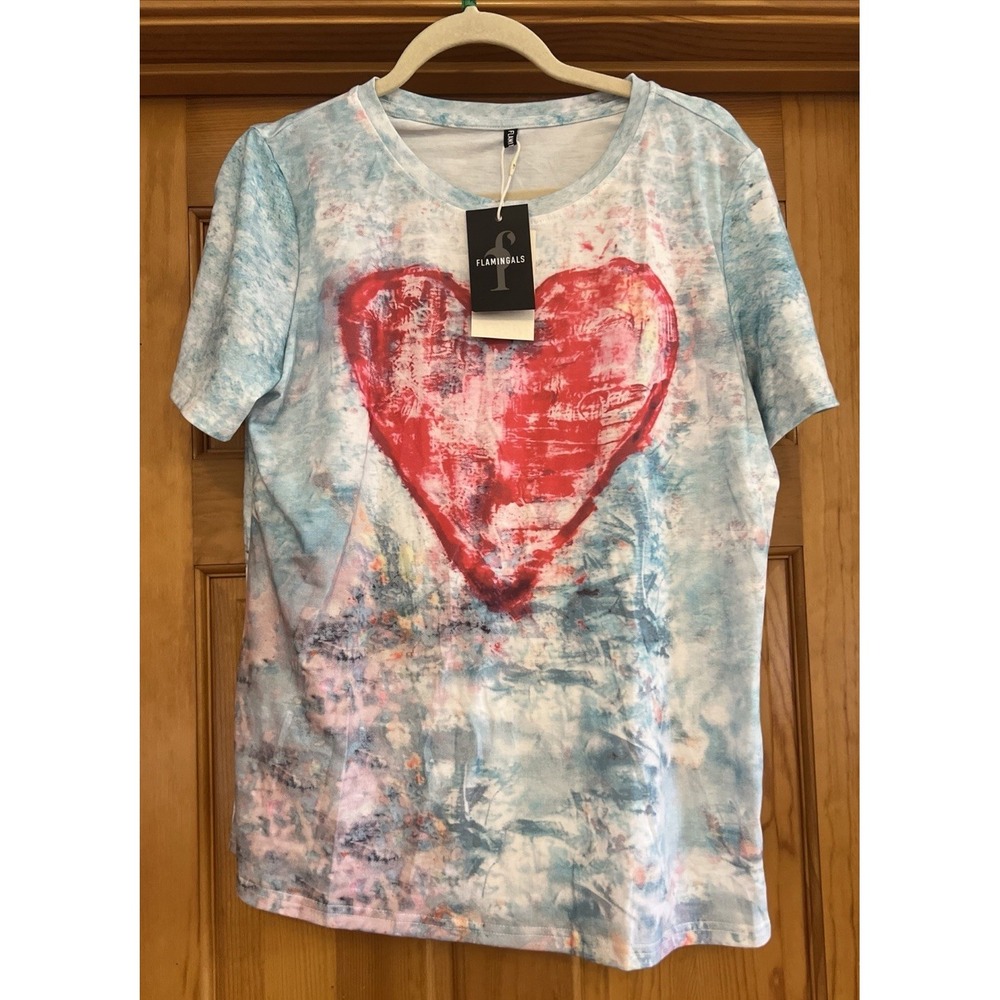 Flamingals Women's Short Sleeve T-Shirt Tie Dye With Heart Sz XL
